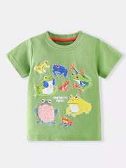 Lime children's short sleeve t-shirt with colorful cartoon frogs print, front view