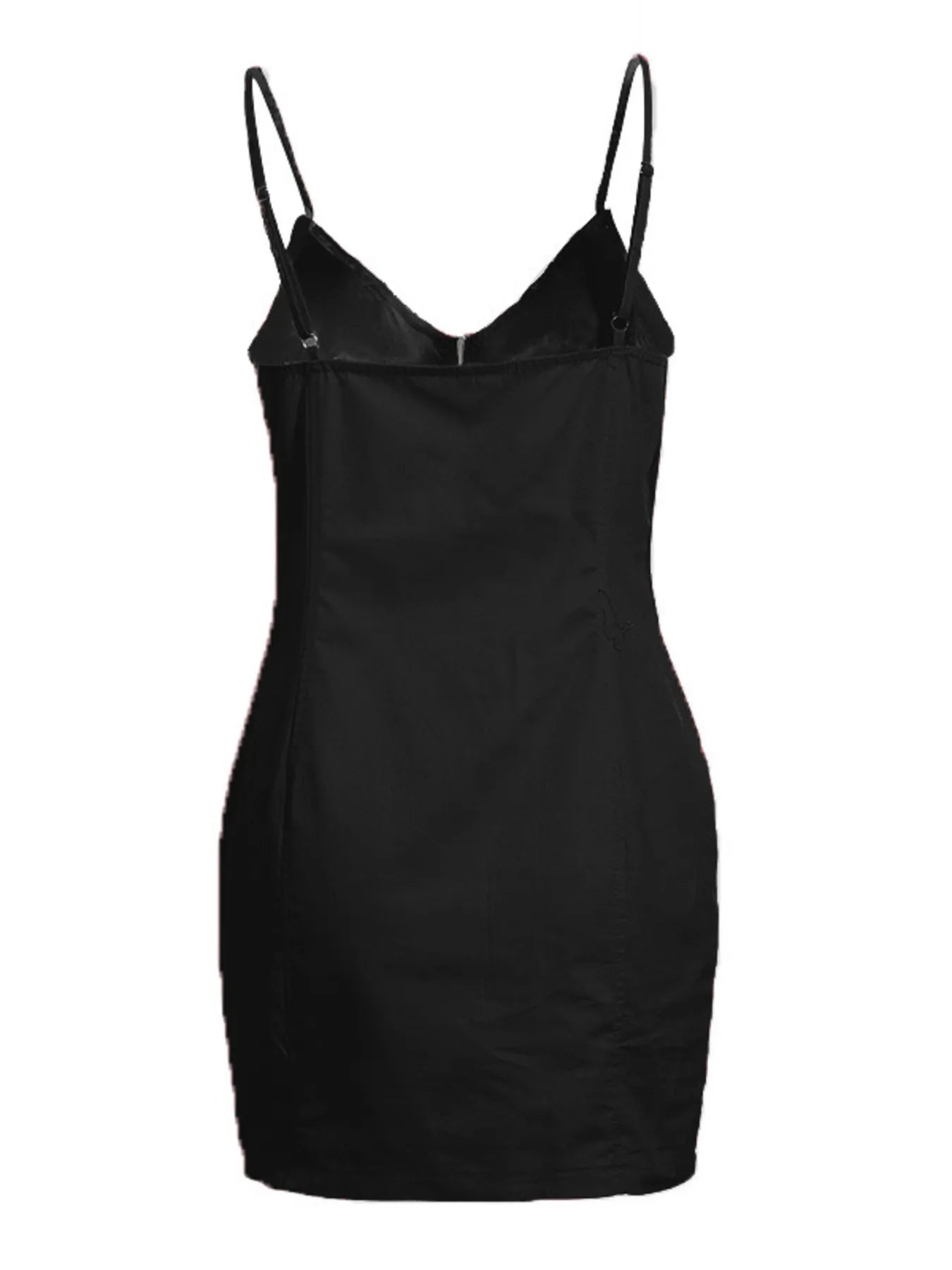Black zip front bodycon mini dress laid flat, back view showing thin straps and straight neckline