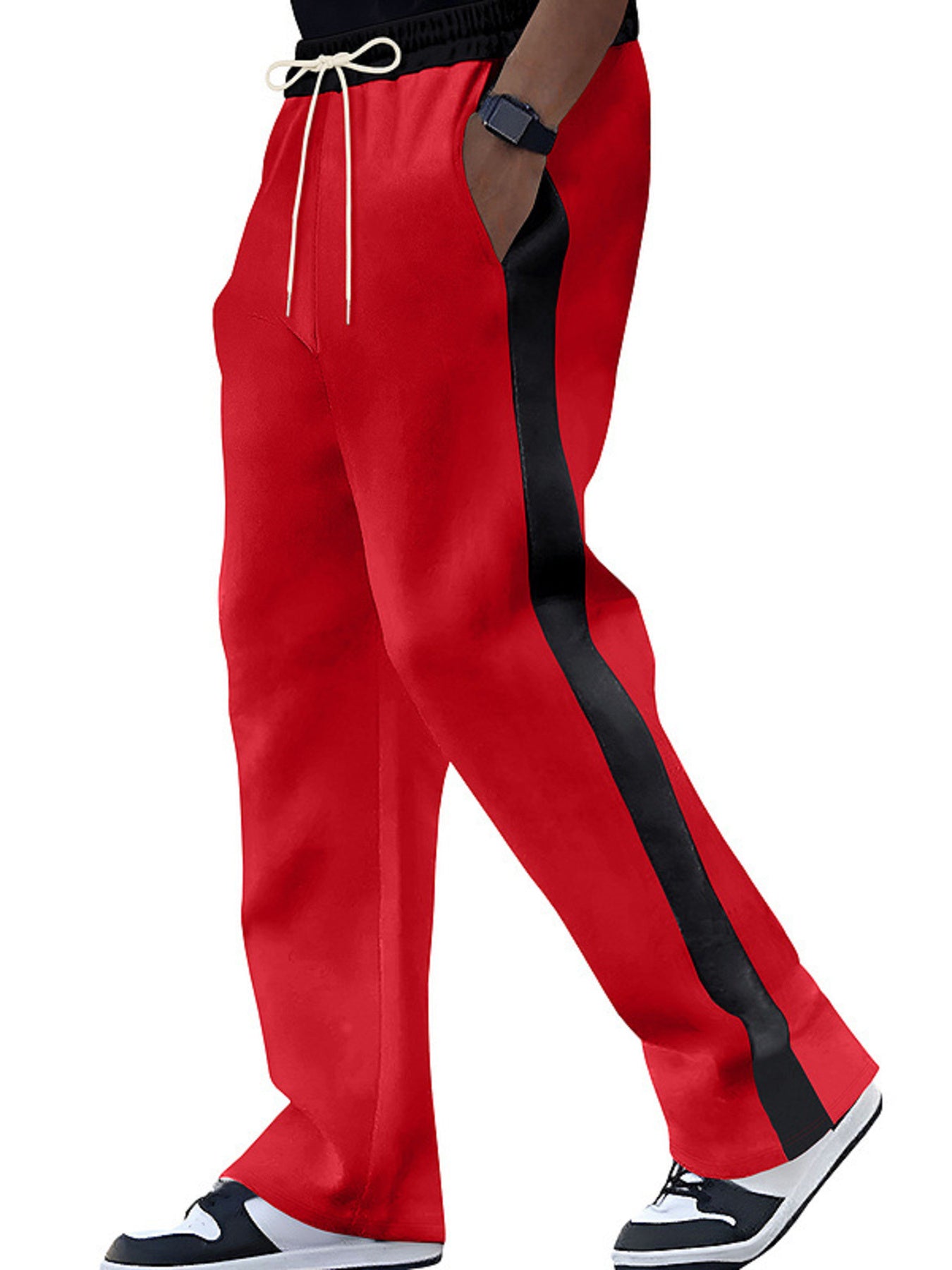 Men's contrast stripe sweatpants with a drawstring waist and pockets.