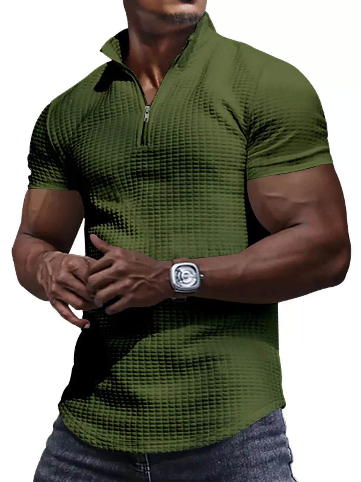 Men's waffle-knit short-sleeve polo with a zipper and slight stretch.