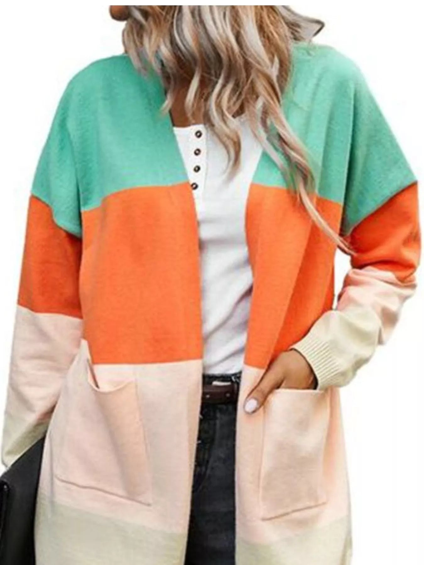 Front view of color block open front cardigan with long sleeves