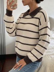 Side mirror view of a cream and brown striped knit polo sweater with long sleeves.
