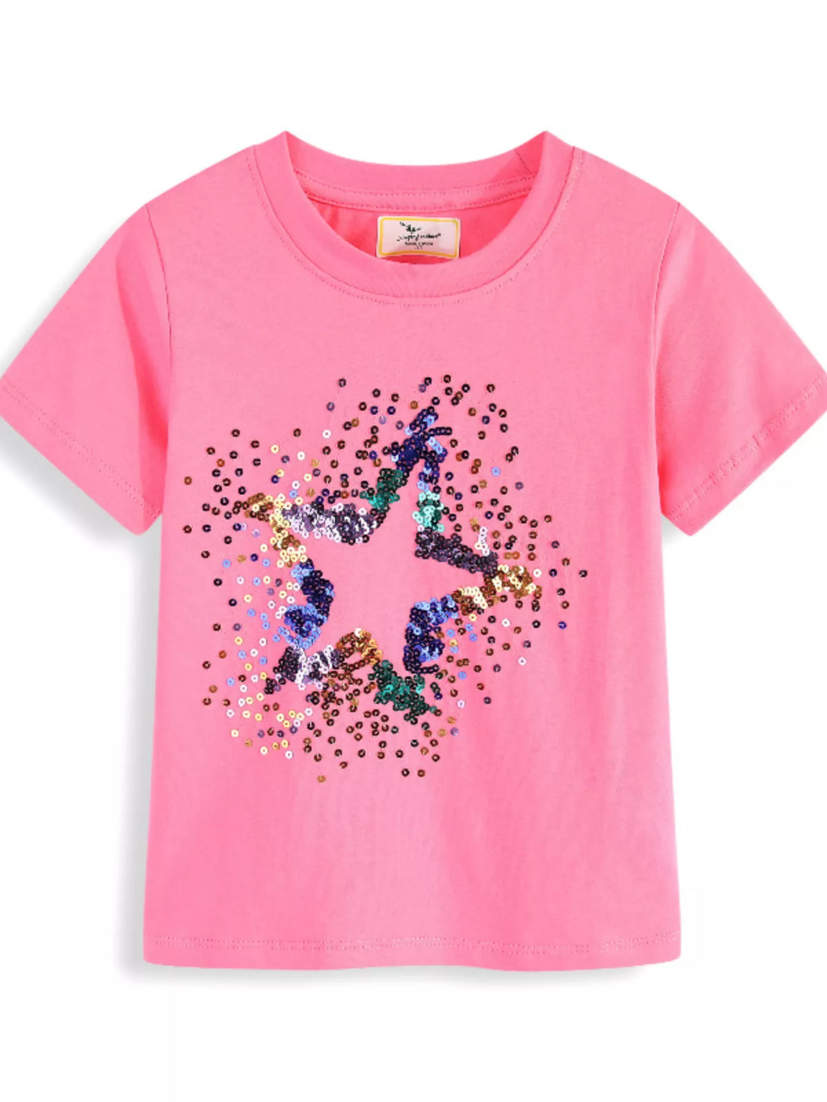 Fuchsia pink children's round neck tee with multicolor sequin star design, front flat view