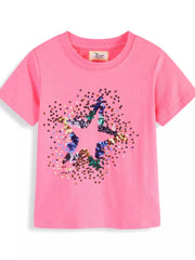 Fuchsia pink children's round neck tee with multicolor sequin star design, front flat view
