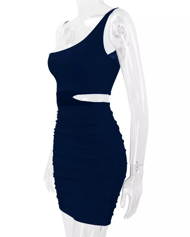 Navy one shoulder cutout ruched bodycon mini dress on a clear mannequin side view