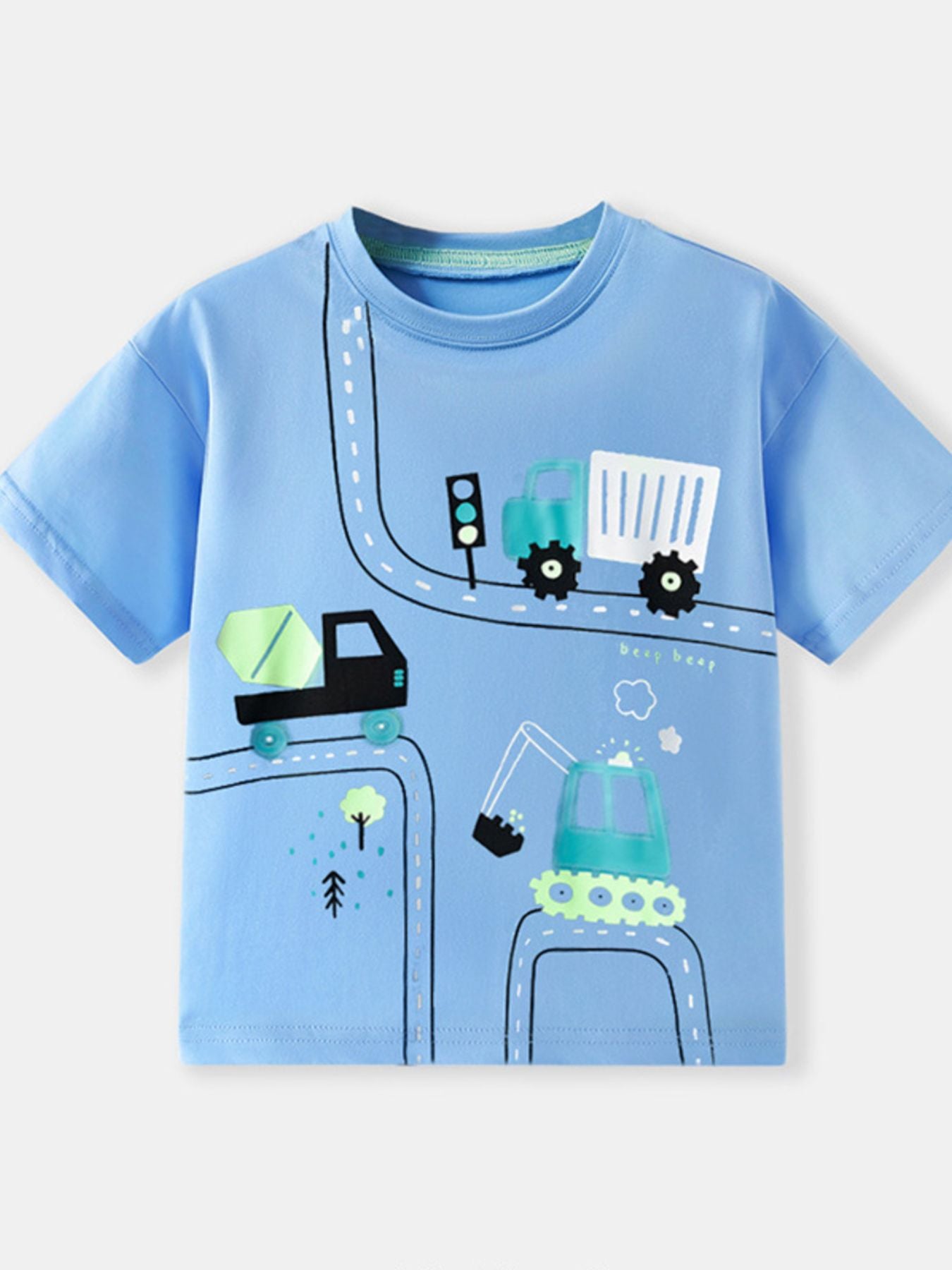 Flat front view of the sky blue children's t-shirt with construction vehicles on roads