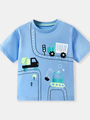Flat front view of the sky blue children's t-shirt with construction vehicles on roads