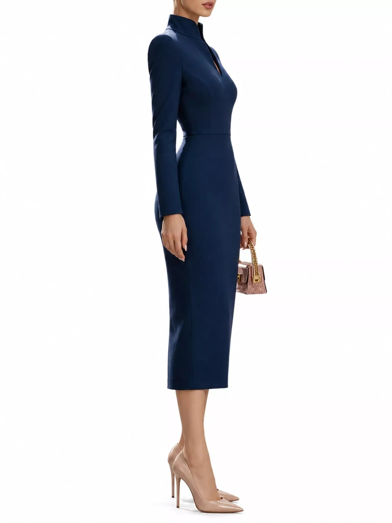 Navy stand collar long sleeve midi dress in side profile against a white background