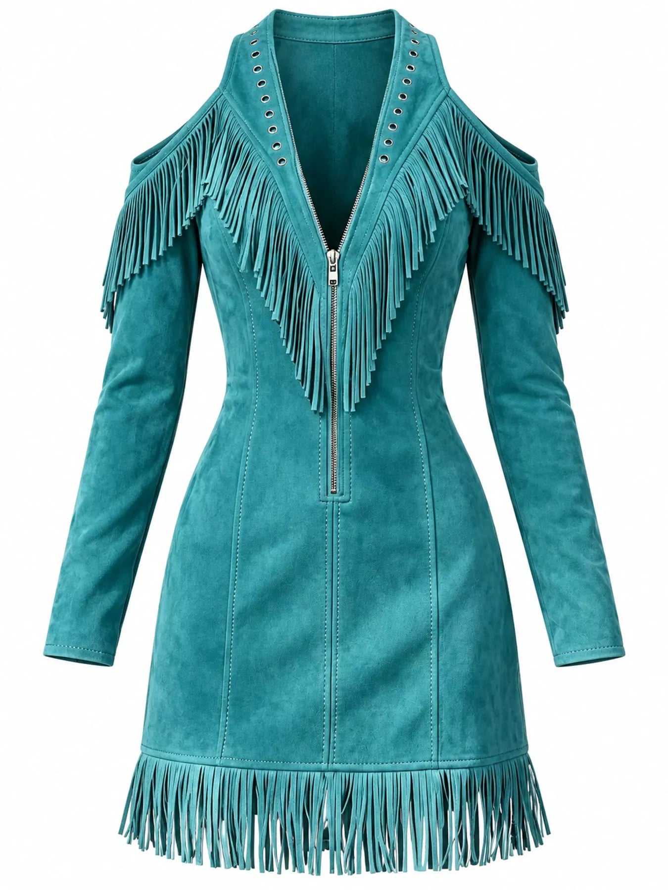 Front flat view of blue fringed cold shoulder mini dress with fringed hem