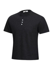 Men's short-sleeve Henley T-shirt with button detailing and slight stretch.