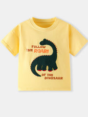 Yellow children's round neck T-shirt with a large dark green dinosaur graphic, laid flat in front view