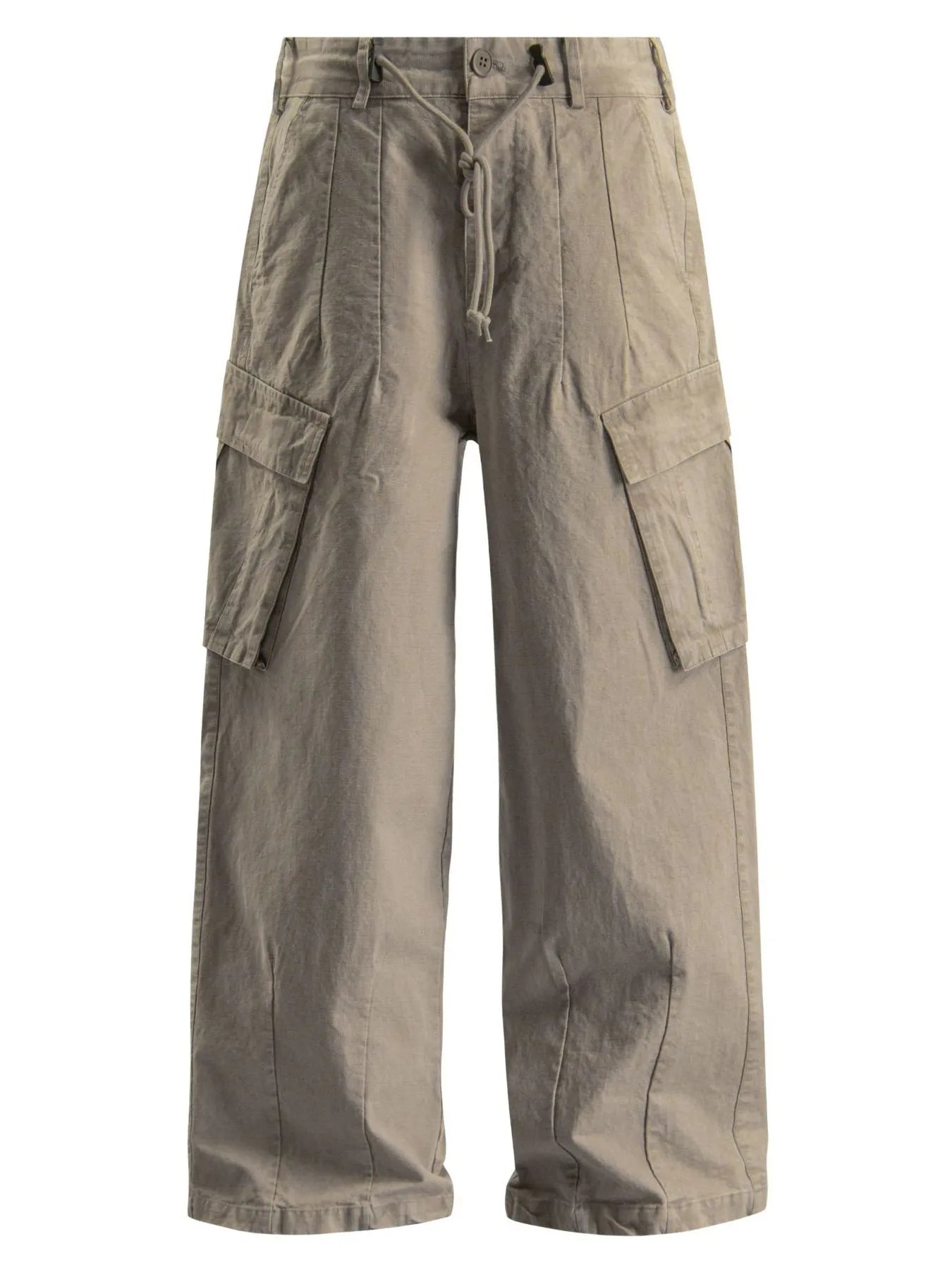 Men's khaki wide-leg cargo pants with a drawstring waist and pockets.