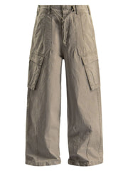 Men's khaki wide-leg cargo pants with a drawstring waist and pockets.