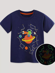 Flat lay front view of a dark navy children's tee with an alien space graphic and a glowing inset