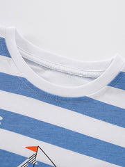 Close-up of the white ribbed round neckline on a blue and white striped children's printed T-shirt