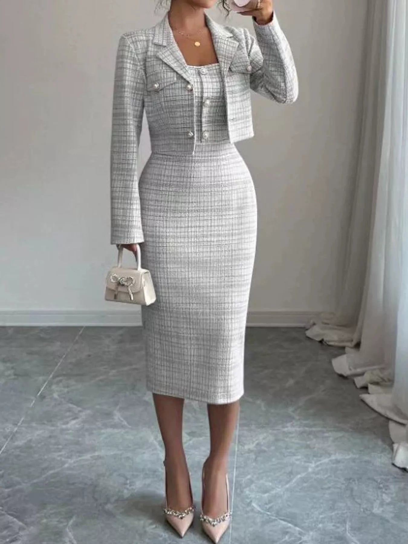 Black and white tweed square neck dress worn with the cropped cardigan, front view