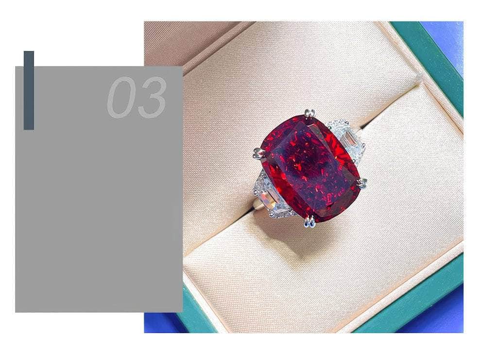 925 Sterling Silver Oval Cut Lab Grown Diamond Three Stone Ruby Ring