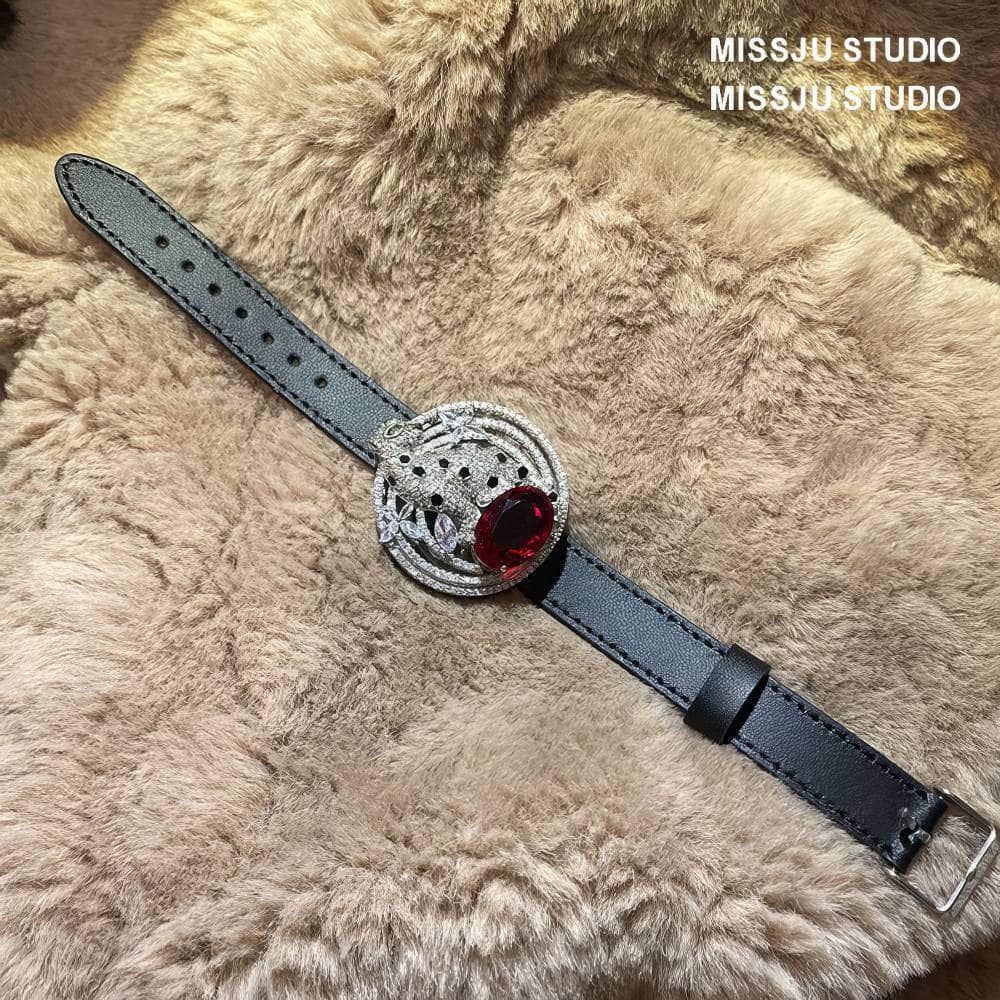 925 Sterling Silver Ruby Crystal Wrist Strap Black