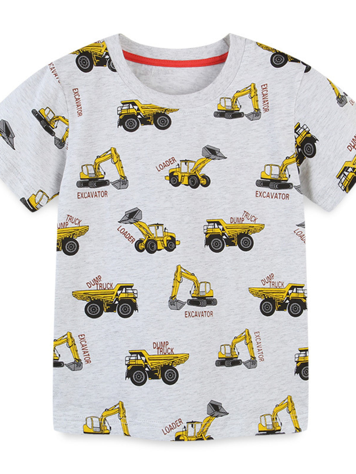 Children's gray crew-neck T-shirt featuring a construction vehicle print and short sleeves.