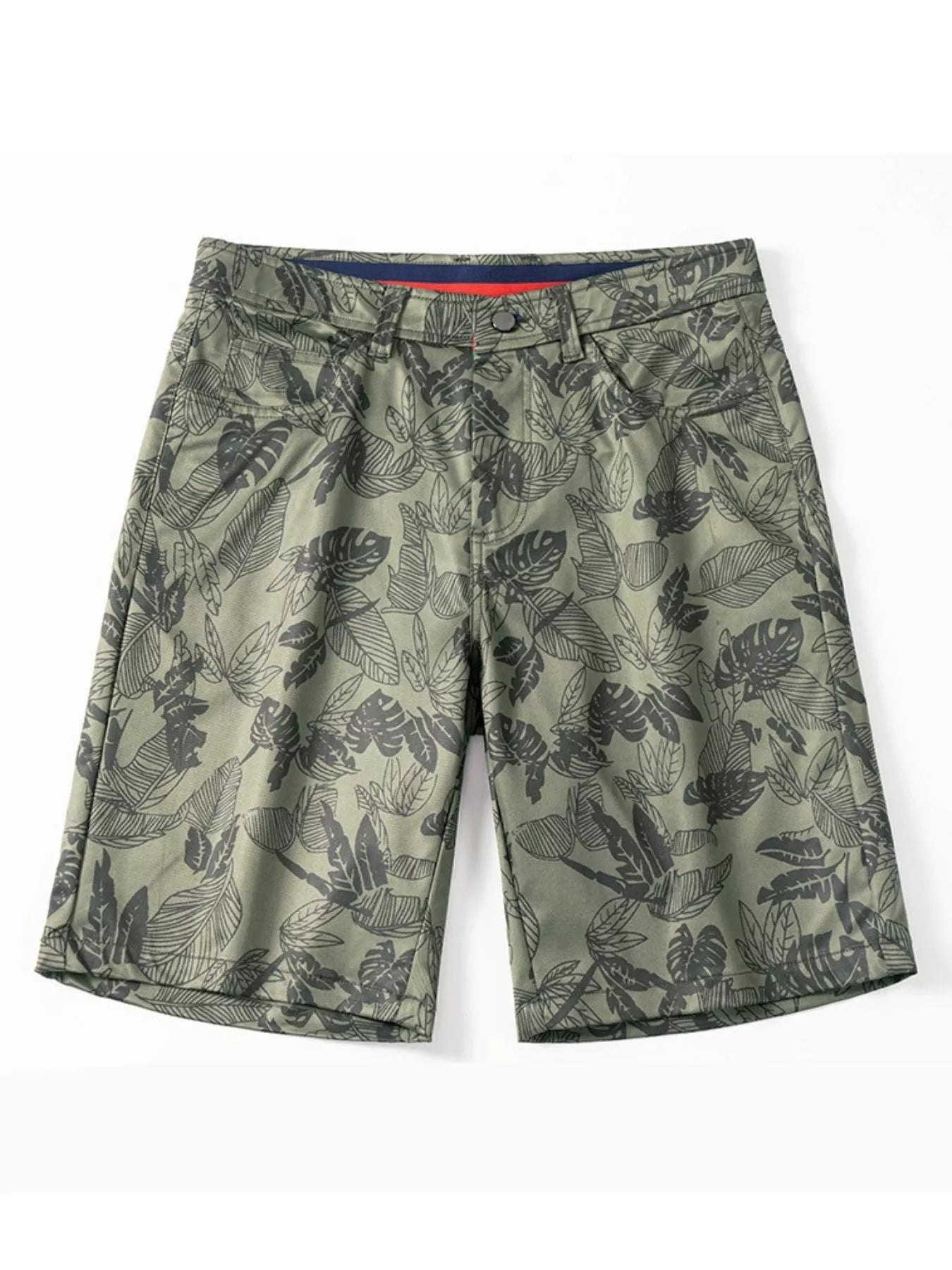 Men's gray green printed loose fit shorts with pockets.