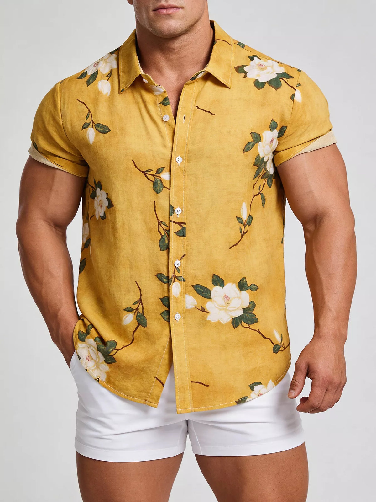 Men's floral-print short-sleeve shirt with buttons, pockets and seam detailing.