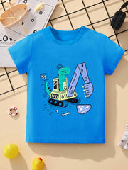Front view of a sky blue children's t-shirt with a green dinosaur driving a yellow excavator