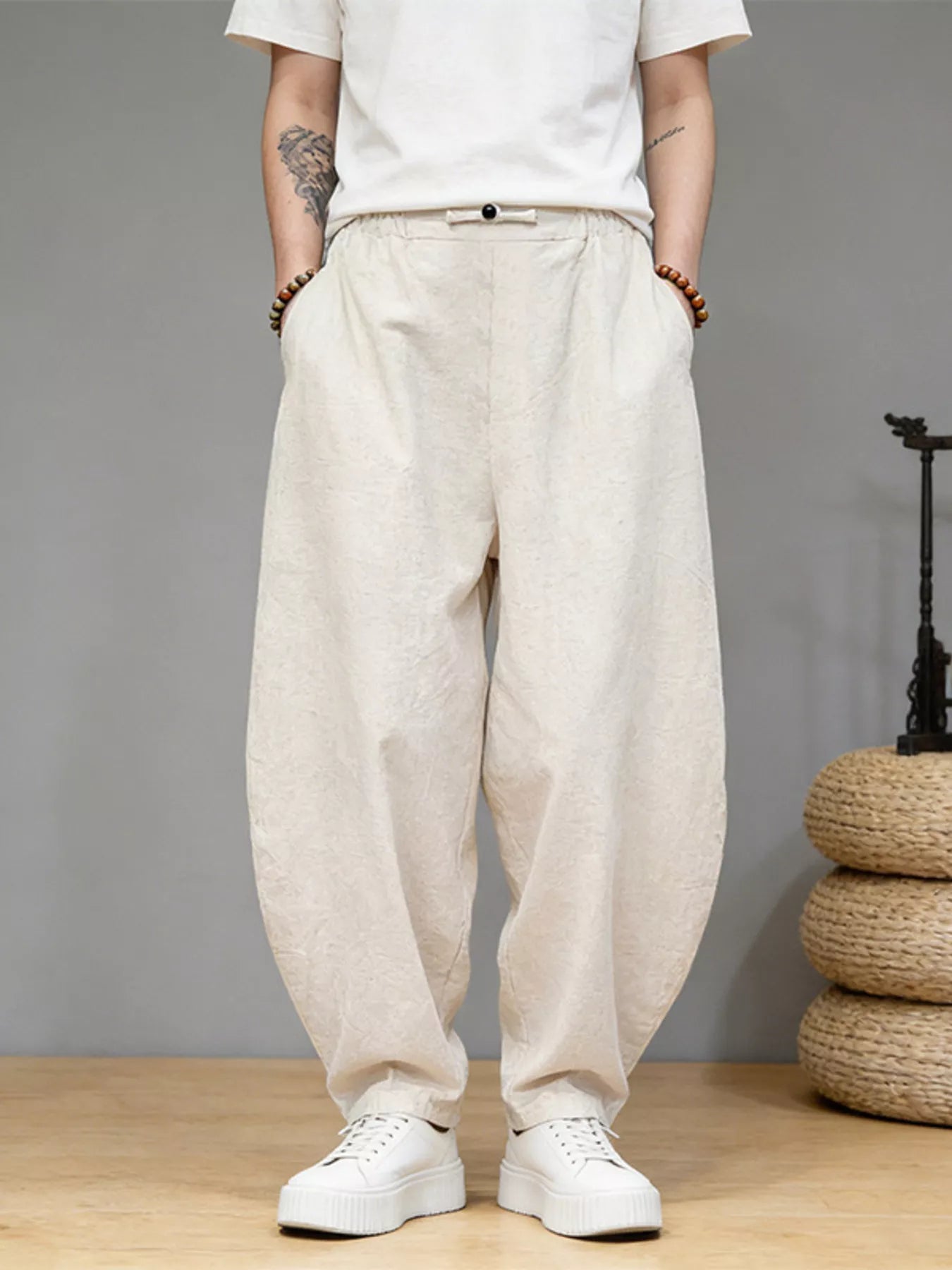 Men's casual loose fit pants with pockets.
