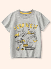 Front view of gray children's tee with yellow construction vehicles and bold lettering