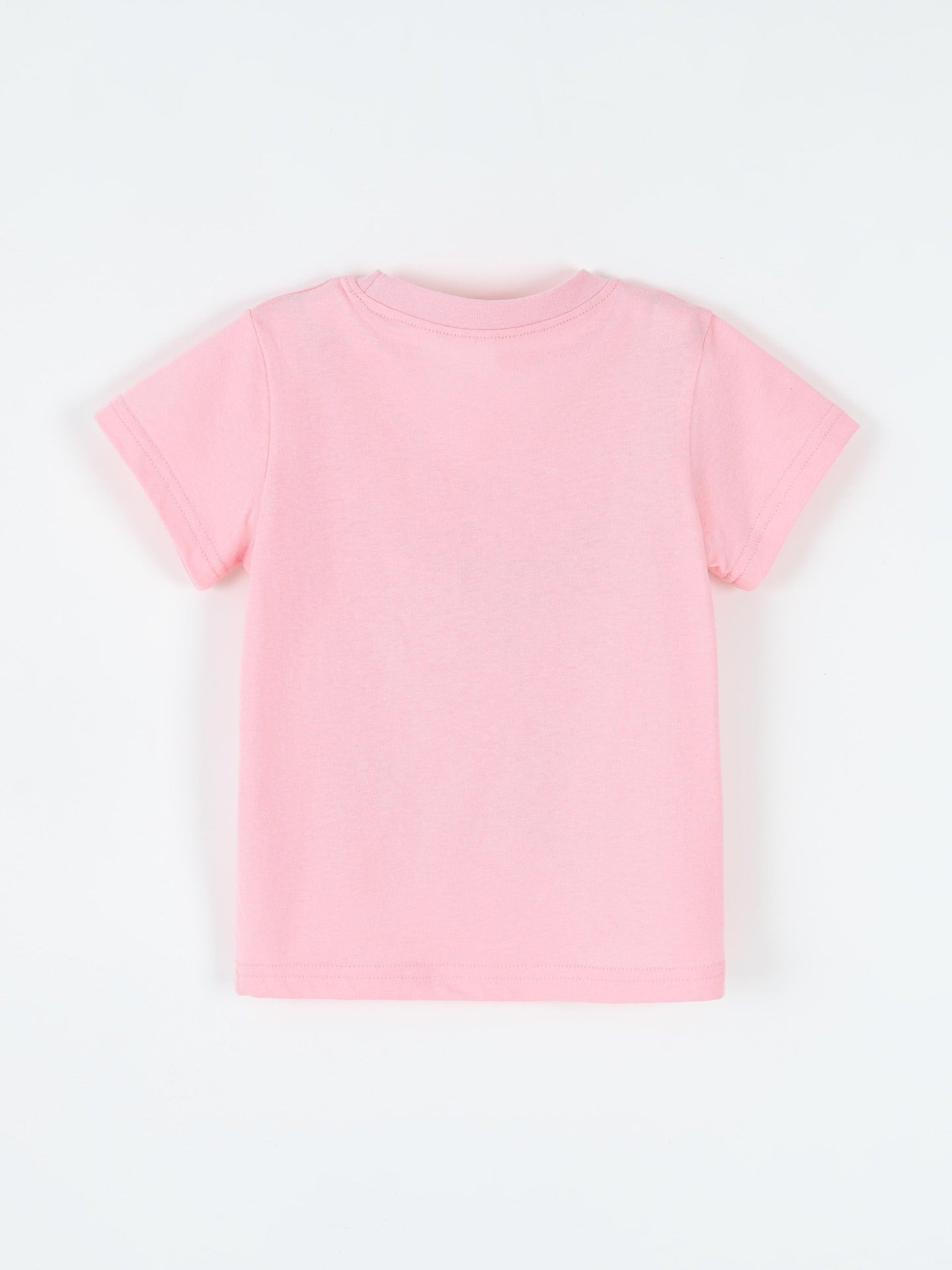 Back flat view of plain pink children's short sleeve t-shirt with no print