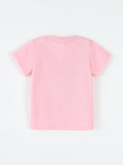 Back flat view of plain pink children's short sleeve t-shirt with no print