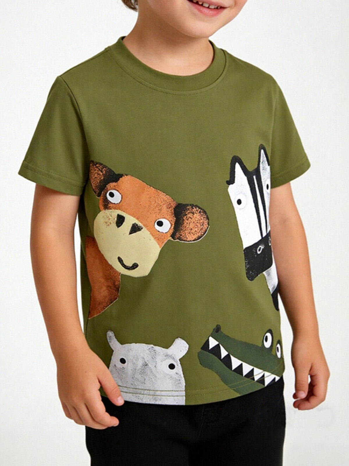 Front view of a moss green children's tee with cartoon giraffe zebra hippo and crocodile faces