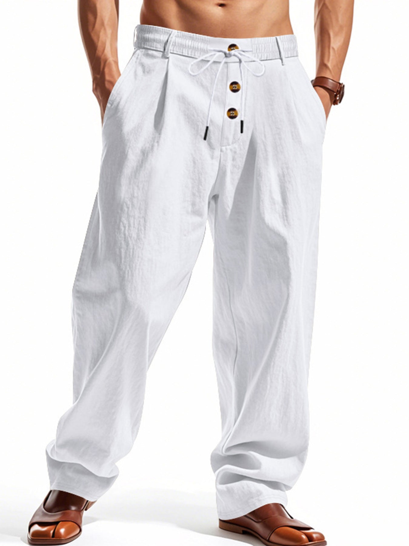 Men's white loose-fit pants with a drawstring waist and pockets.
