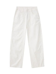 Men's white wide leg casual pants with ribbed texture and pockets.