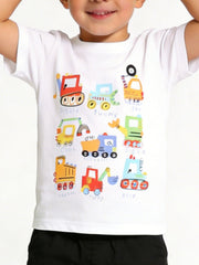 Front view of a children's white crew neck t-shirt with colorful cartoon construction vehicles in rows