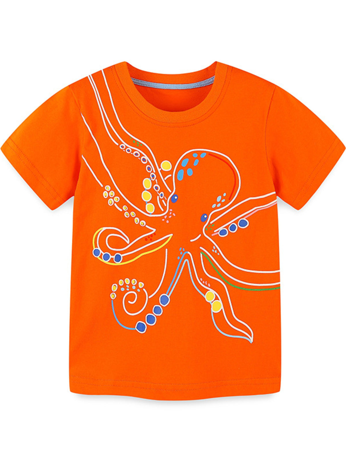 Children's orange short-sleeve T-shirt featuring an octopus graphic design.