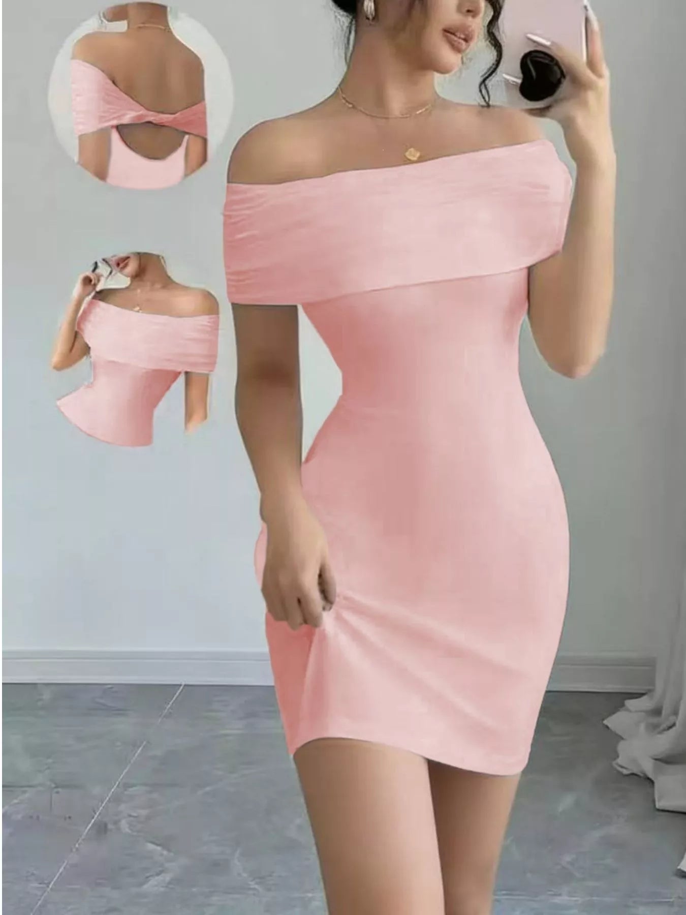 Pink off shoulder bodycon mini dress in front mirror selfie view showing fabric