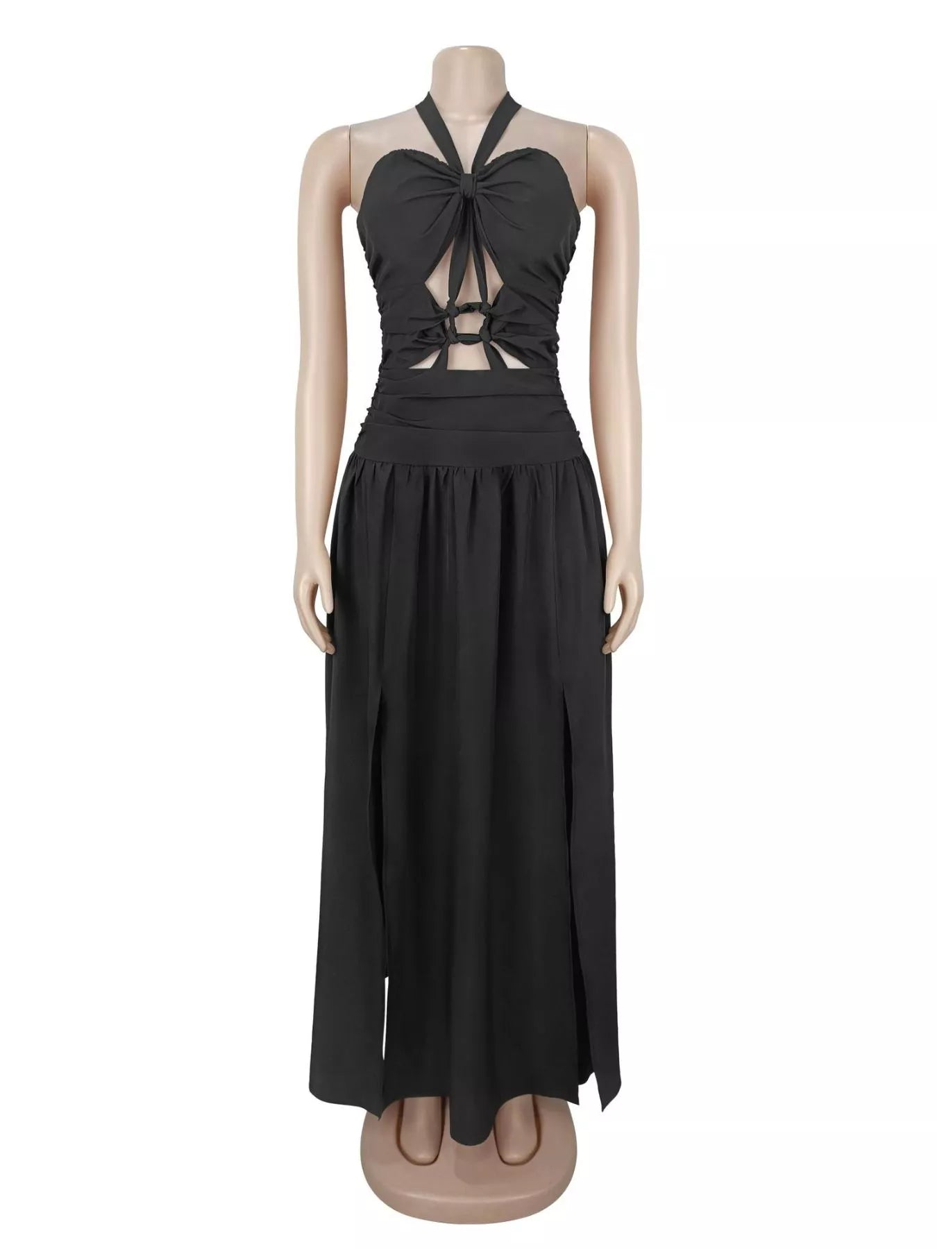Black halter neck maxi dress with cut out bodice displayed on a mannequin front view