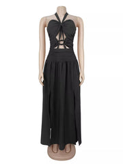 Black halter neck maxi dress with cut out bodice displayed on a mannequin front view