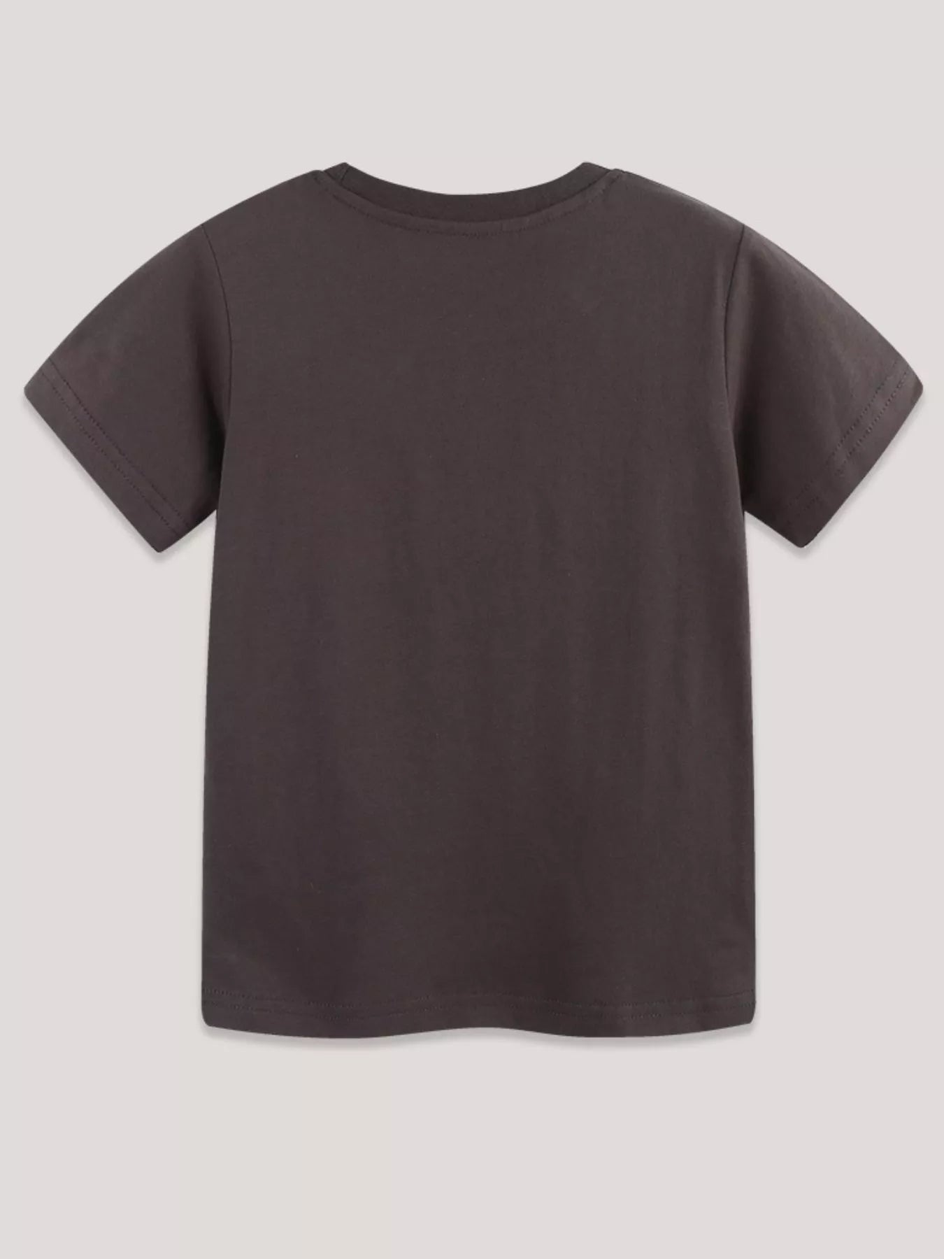 Back view of plain chocolate children's short sleeve t-shirt laid flat with no print
