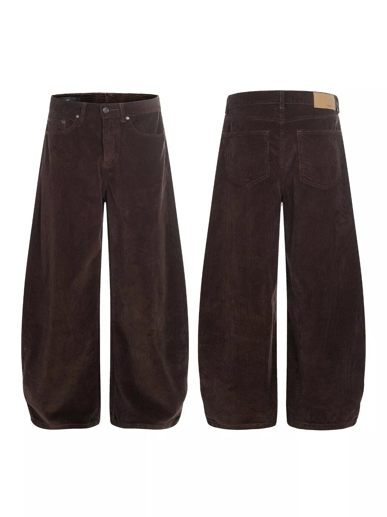 Men's corduroy pants with a wide leg silhouette.