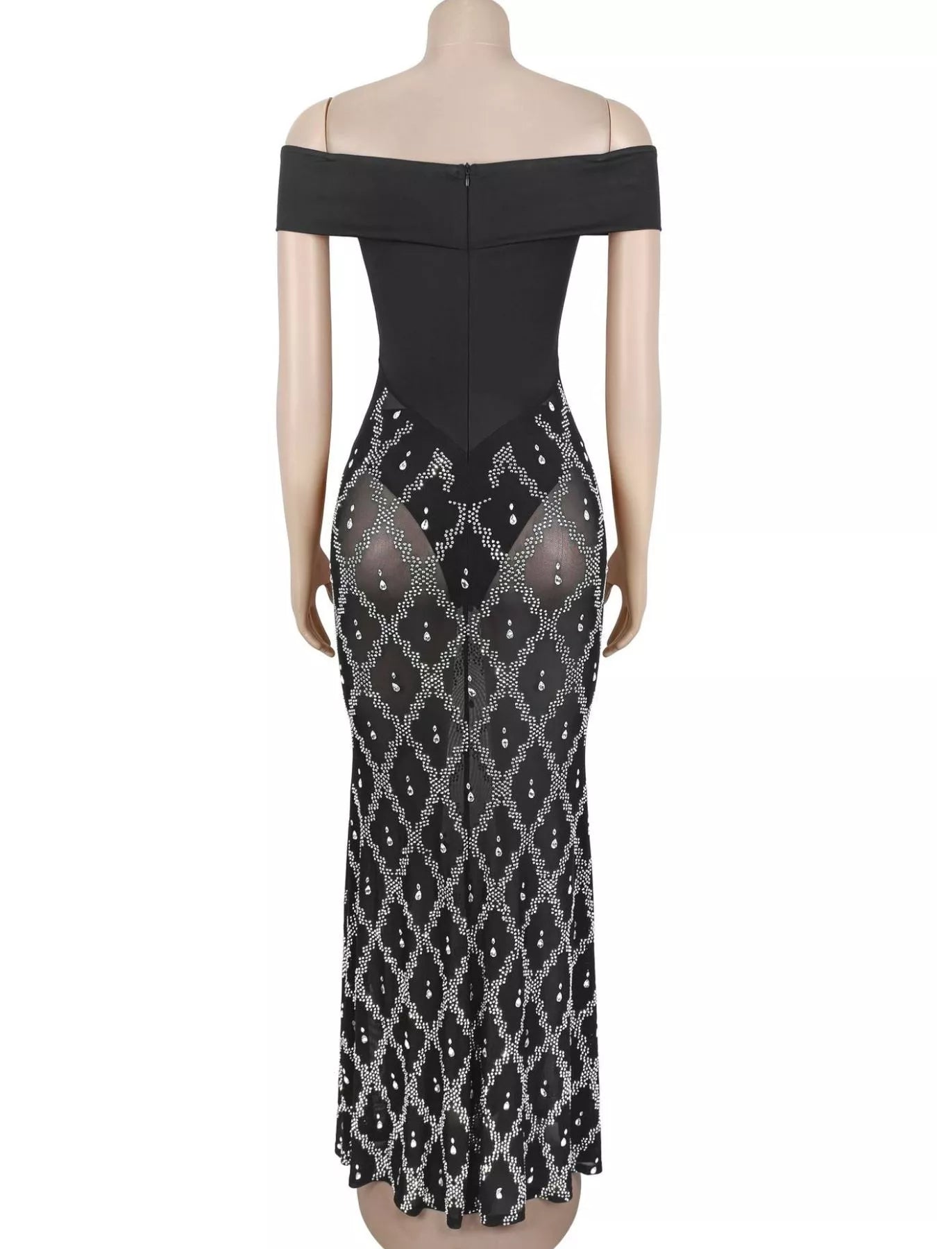 Back view of black off shoulder maxi dress with back zip and rhinestone skirt on mannequin