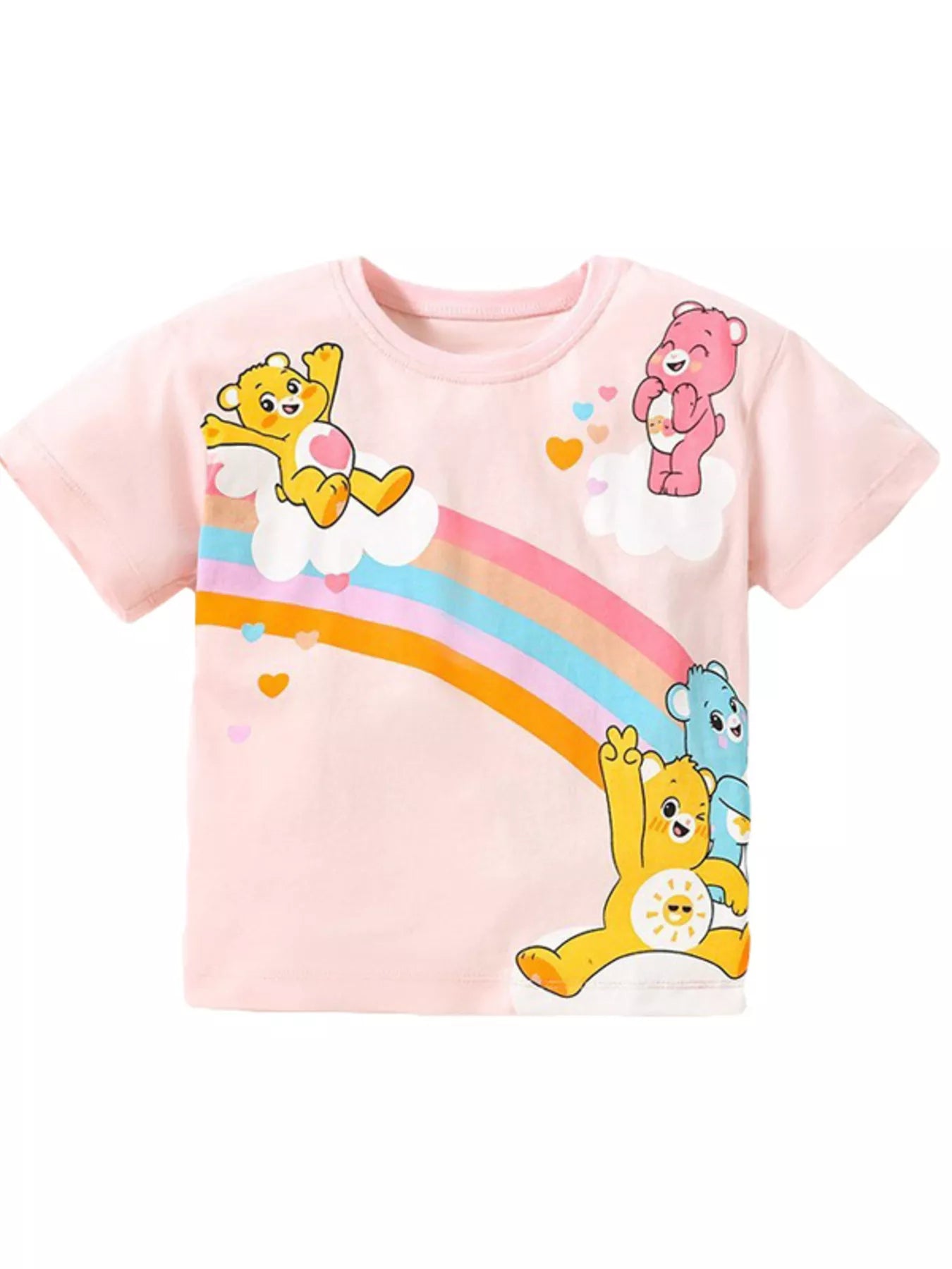 Children's pink round-neck T-shirt featuring bears and a rainbow graphic.