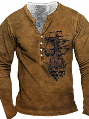 Men's long-sleeve T-shirt featuring a vintage pirate ship and skull print.