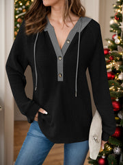 Sudadera con capucha de manga larga en contraste de punto gofre de tamaño completo