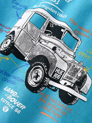 Angled close-up of vintage off-road vehicle graphic printed on cerulean children's t-shirt