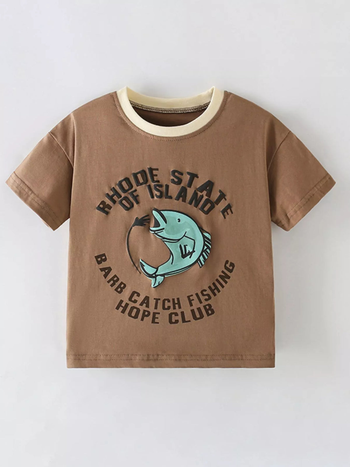 Caramel children's short sleeve t-shirt with circular fishing fish graphic and cream neckline, front flat view