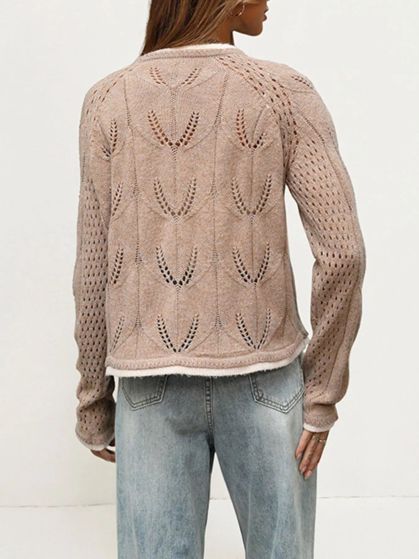 Back view of the khaki hollow out knit cardigan with leaf pattern