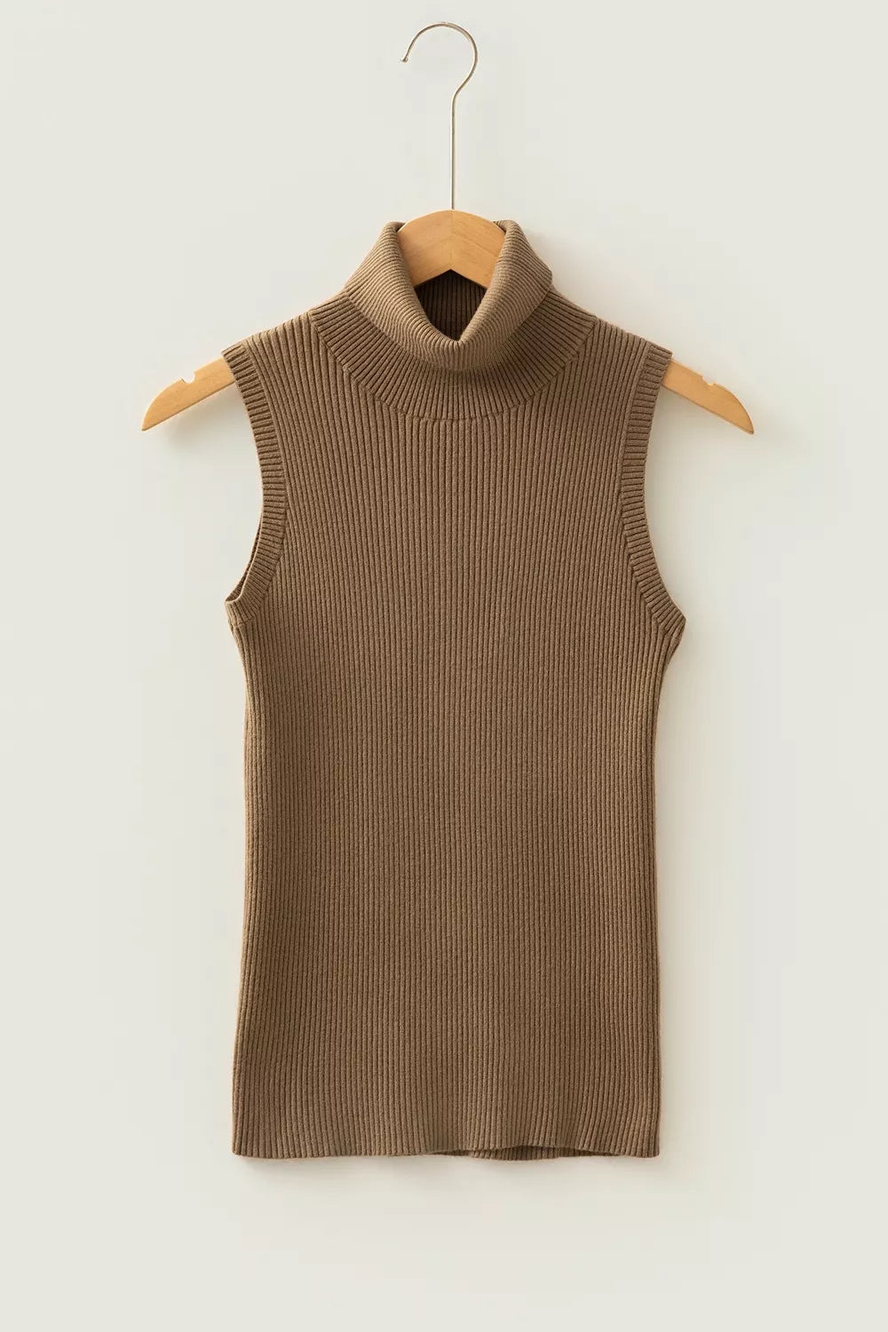 Flat lay front view of the mocha ribbed mock neck sweater vest