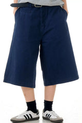 Men's navy blue wide-leg casual shorts with pockets.