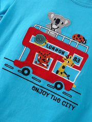 Angled close-up of red bus embroidery with cartoon animals on sky blue children's tee